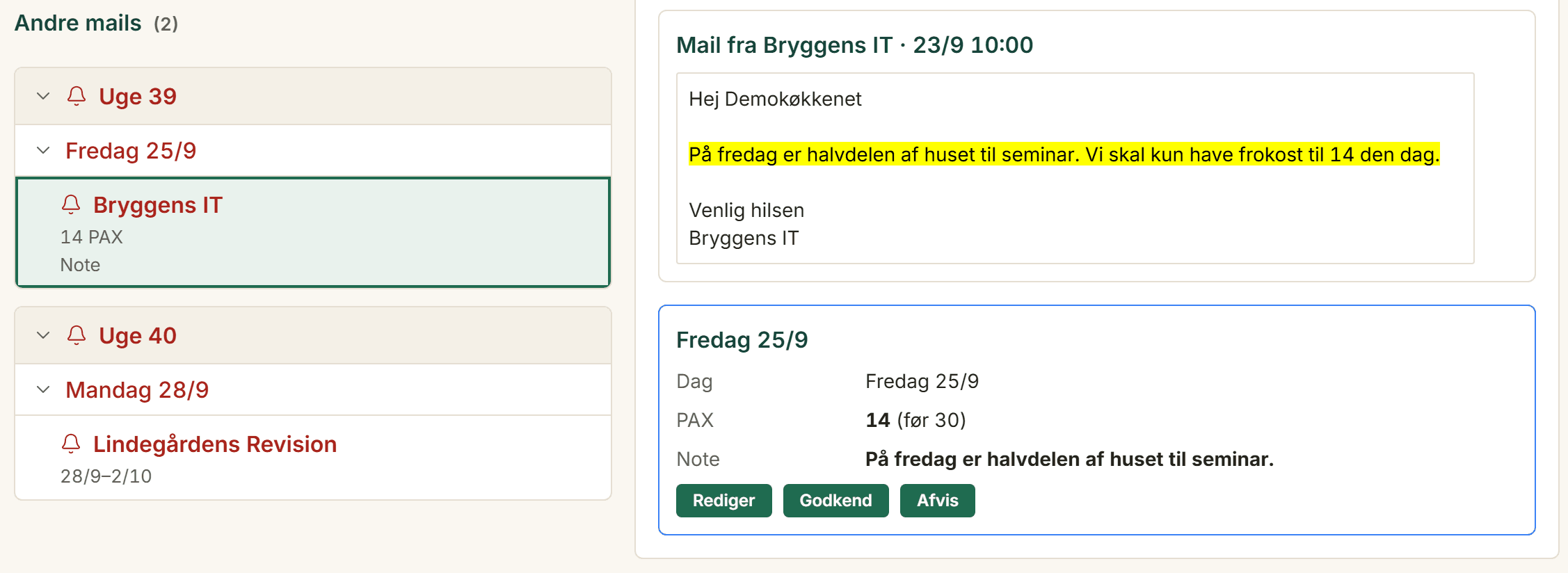 Forslagslisten i CoChef med den oprindelige mail over forslaget